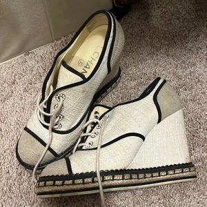 Chanel Multicolor Canvas Cc Wedge Sneakers